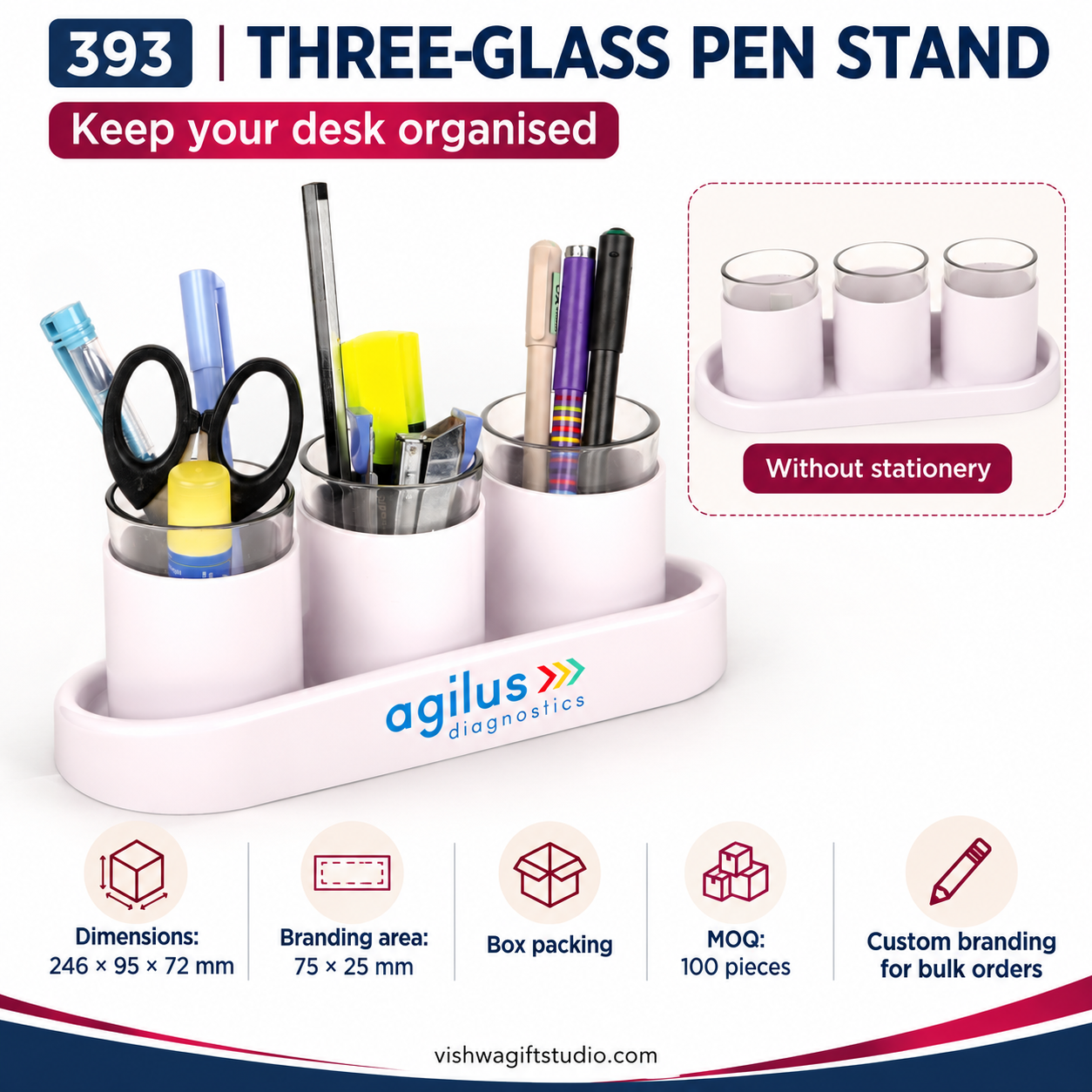 393 three-glass pen stand specifications and empty-cup view