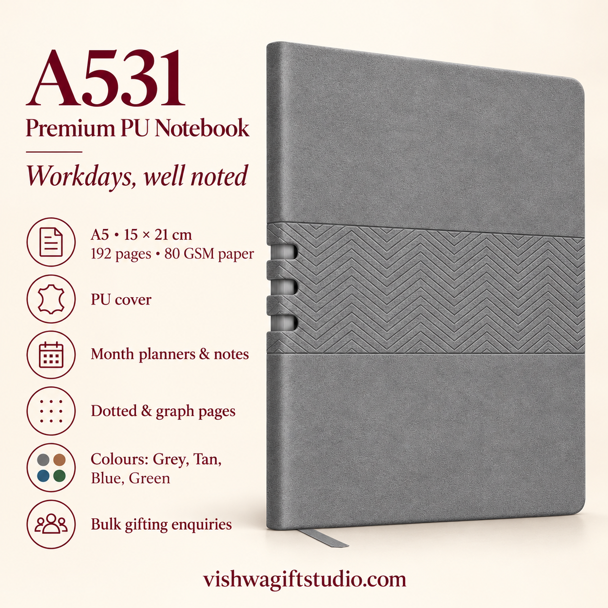 A531 grey PU notebook specifications and corporate gifting promotion