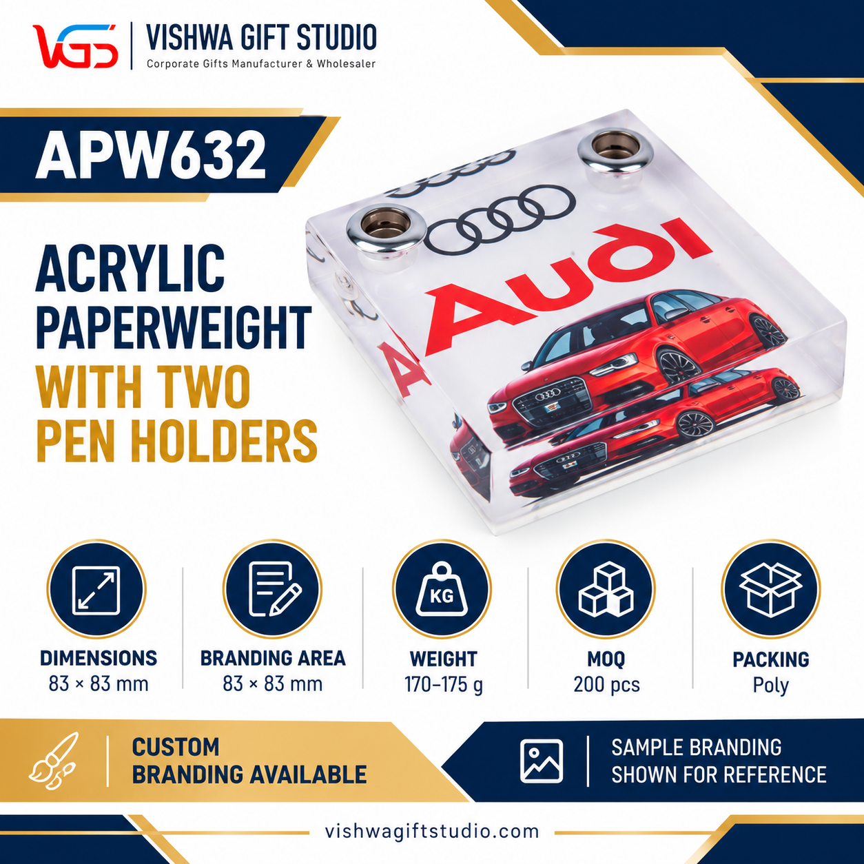 APW632 Acrylic Paperweight with Two Pen Holders - Image 2
