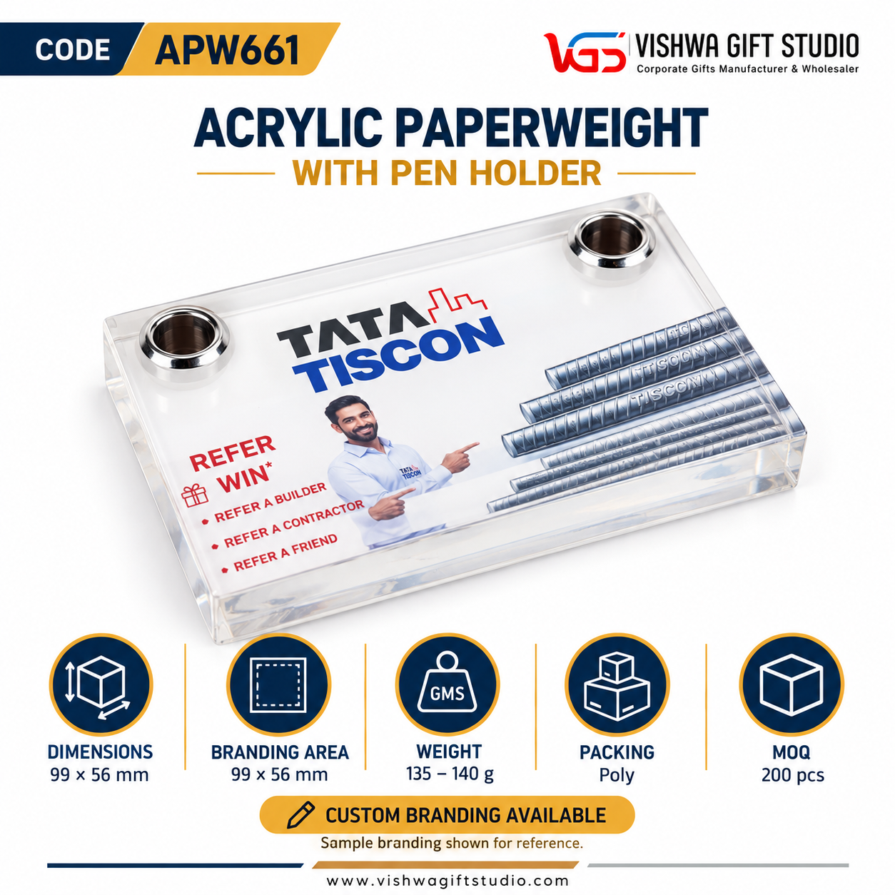 APW661 Acrylic Paperweight with Two Pen Holders - Image 2
