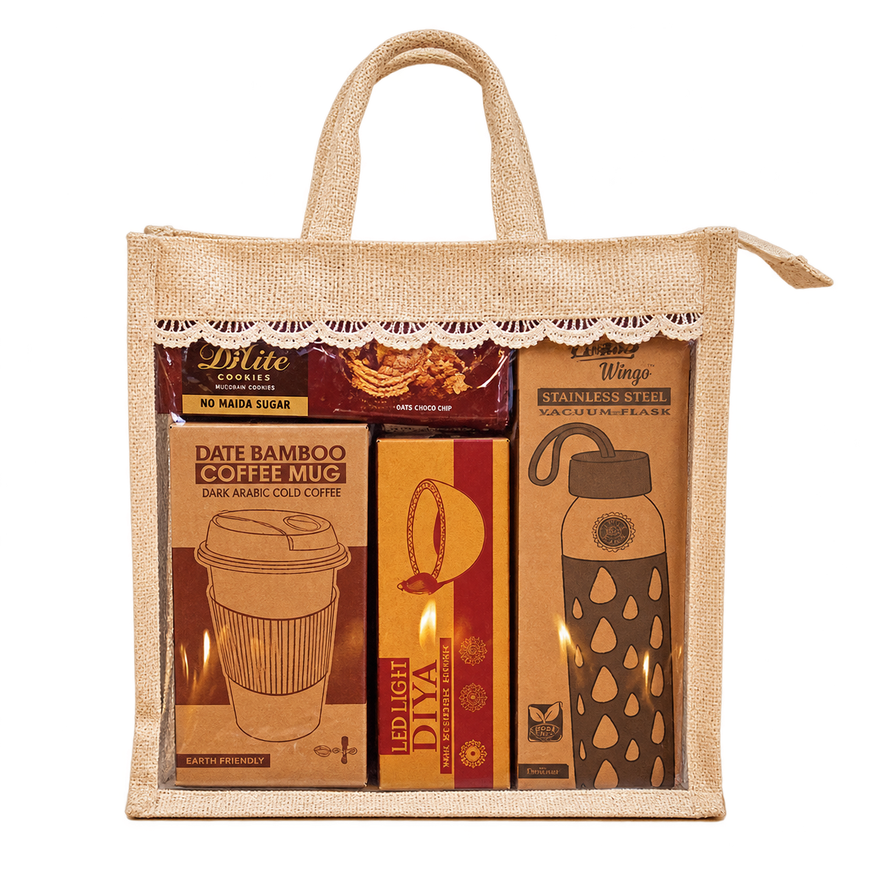 5-in-1 Borosilicate Bottle Jute Diwali Hamper — DW-Q251