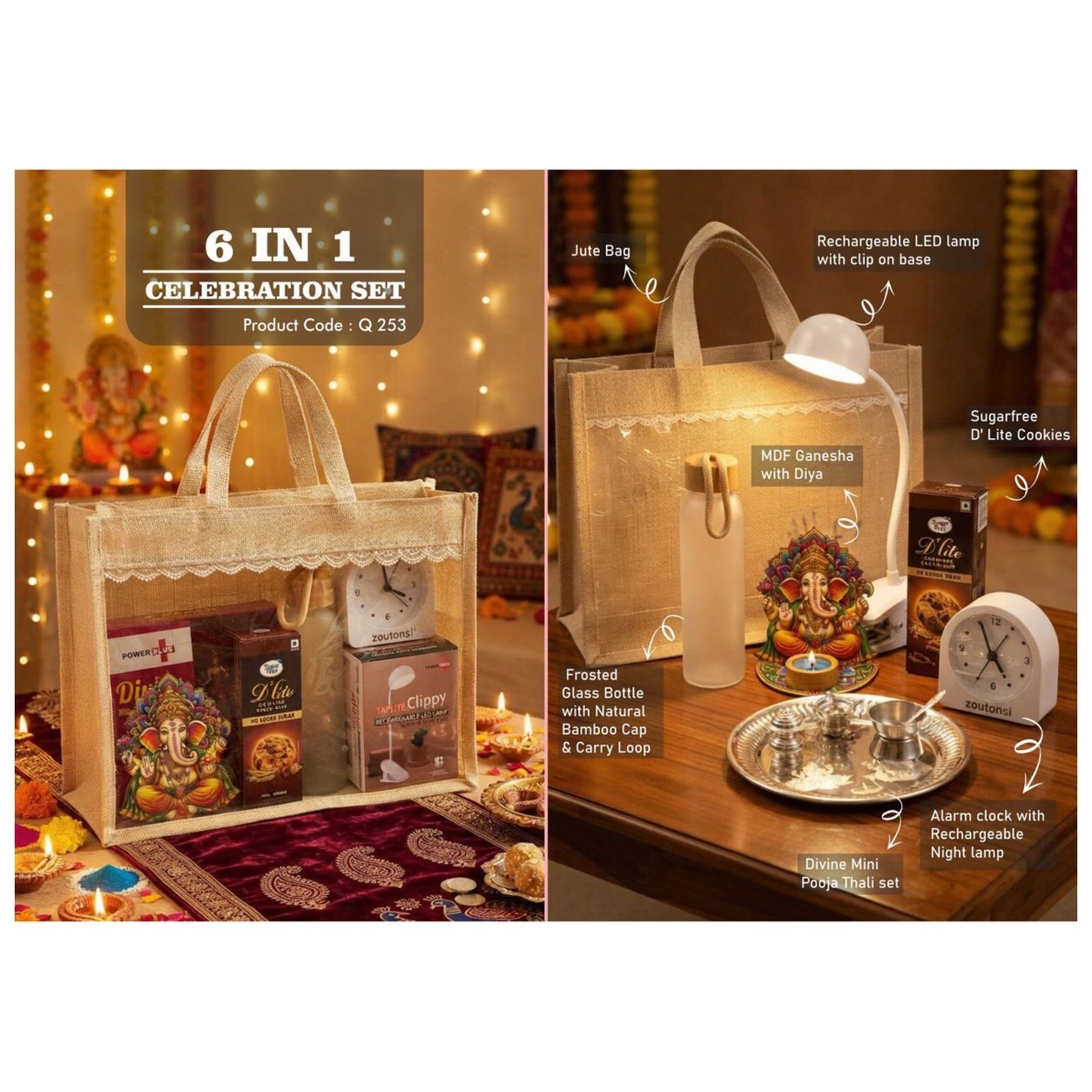 6-in-1 Ganesha & Pooja Thali Jute Diwali Hamper — product information and promotional image