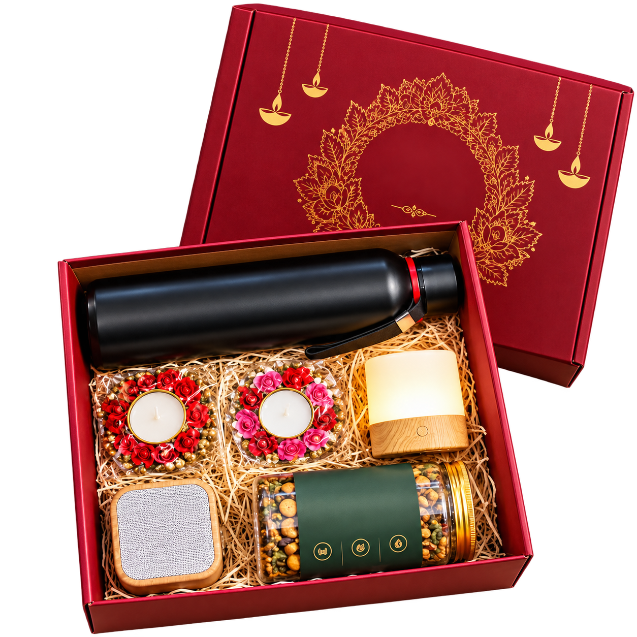 Flask, Decorative Diyas & Speaker Diwali Hamper — DW014