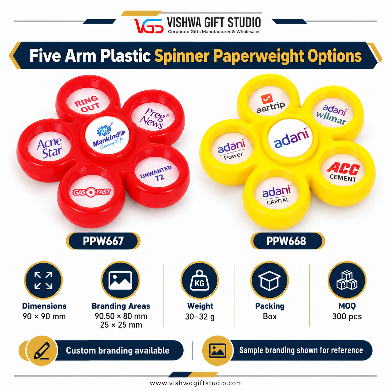 PPW667 / PPW668 Five Arm Plastic Spinner Paperweight Options - Image 2