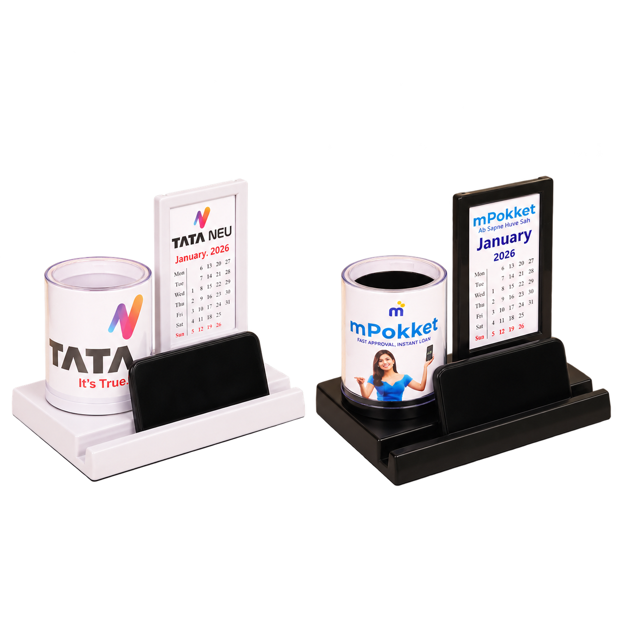 PS413 / PS414 Revolving Pen Stand with Mobile Holder and Table Calendar – White & Black — PS413