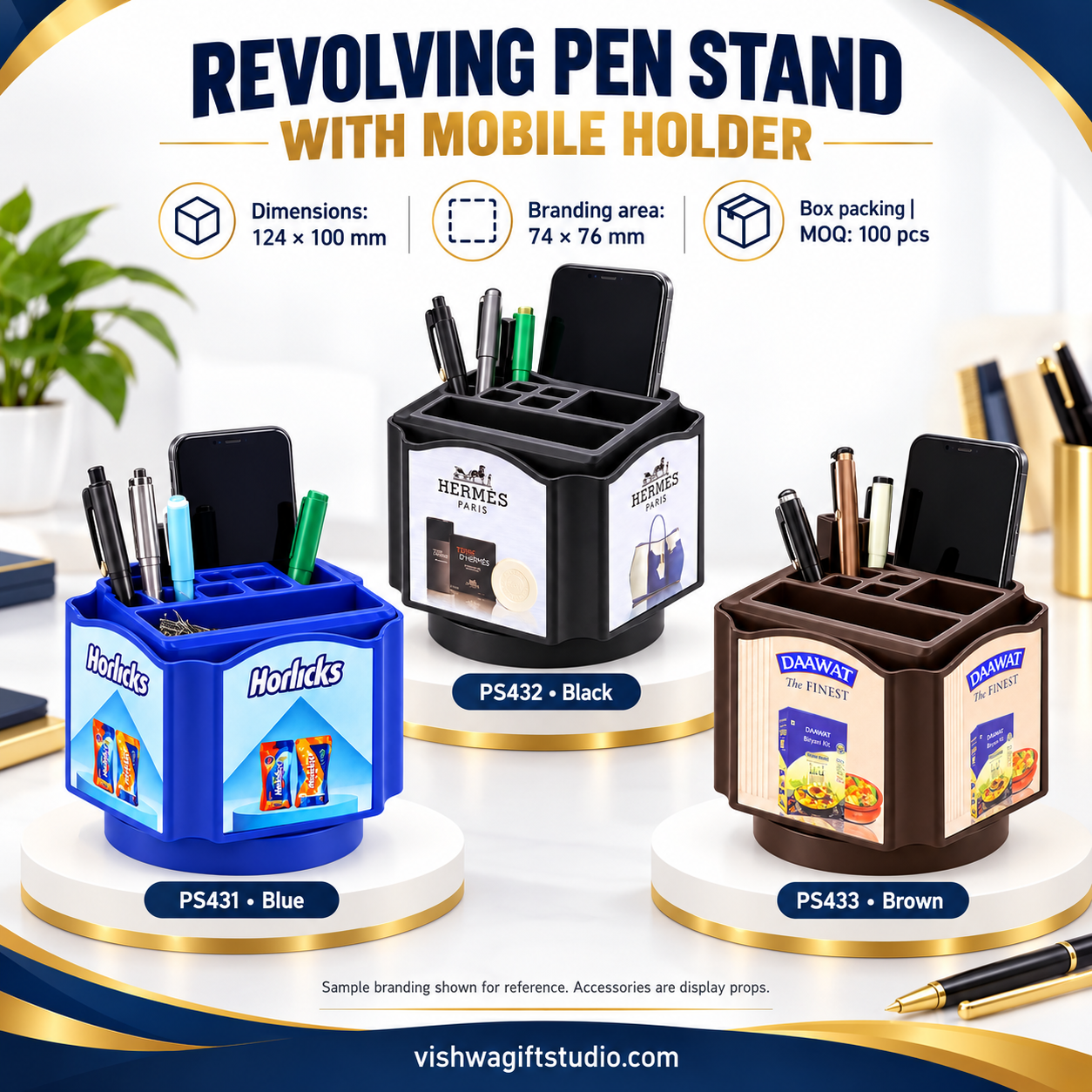 PS431 / PS432 / PS433 Revolving Pen Stand with Mobile Holder – Blue, Black & Brown - Image 2