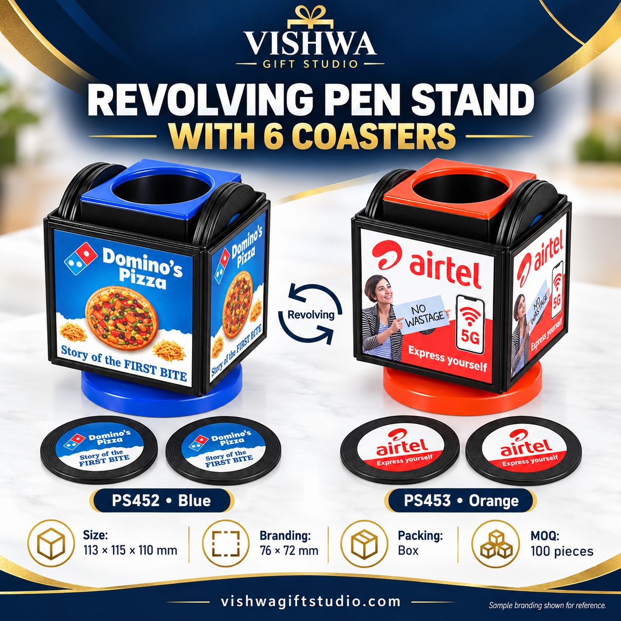 PS452 / PS453 Revolving Pen Stand with Six Coasters – Blue & Orange - Image 2