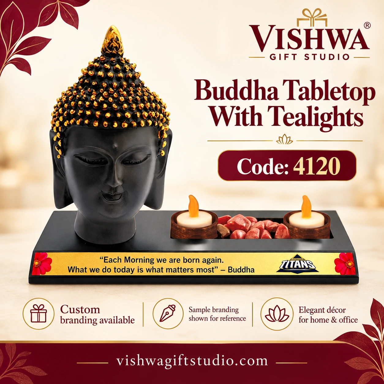4120 Buddha Tabletop With Tealights Vishwa Gift Studio information and promotional showcase