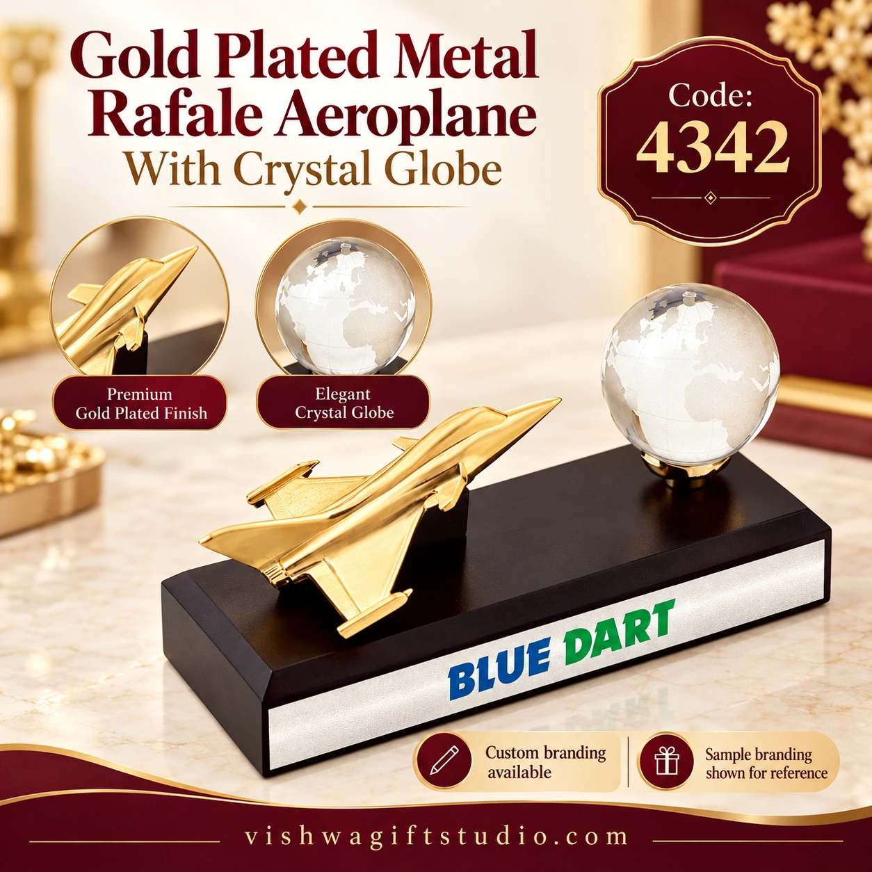 4342 Gold Plated Metal Rafale Aeroplane With Crystal Globe - Image 2