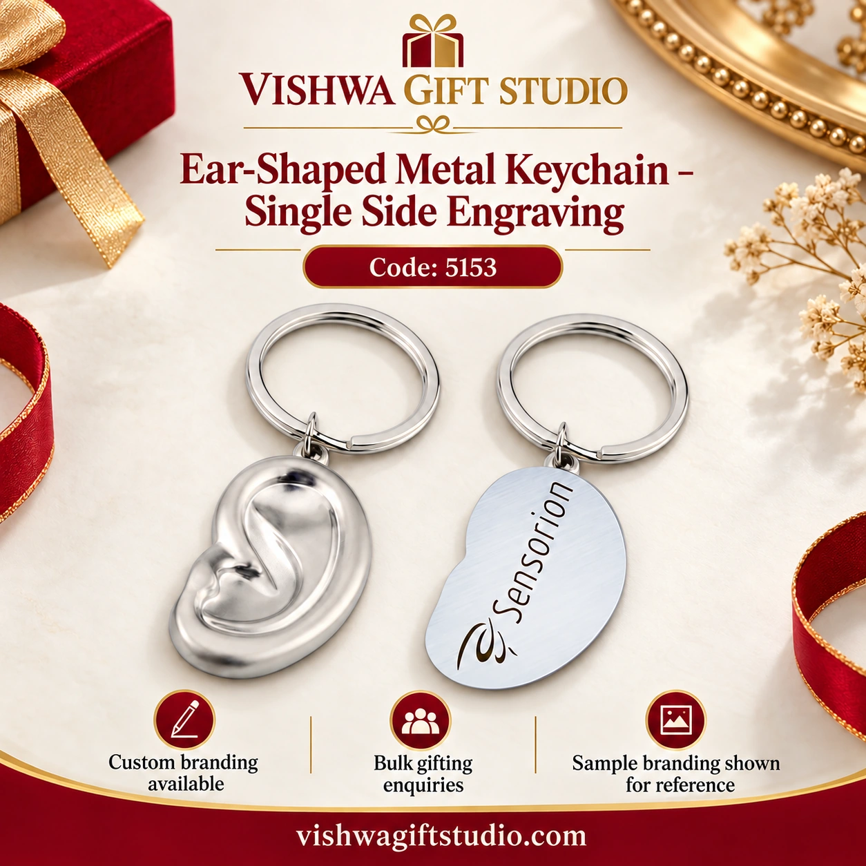 5153 Ear-Shaped Metal Keychain – Single Side Engraving promotional showcase by Vishwa Gift Studio