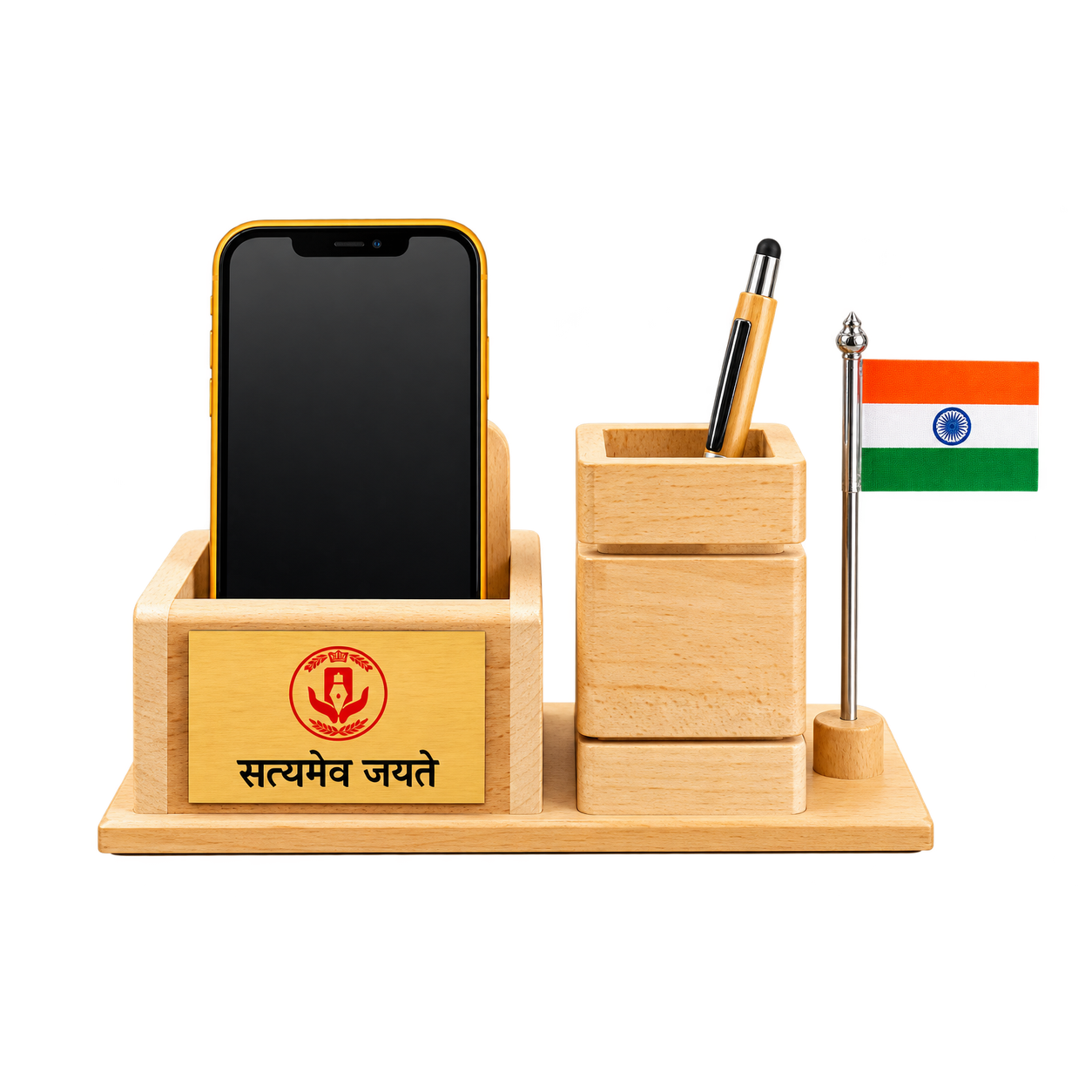 WD02 Natural Wood Desk Organiser with Flag — WD02