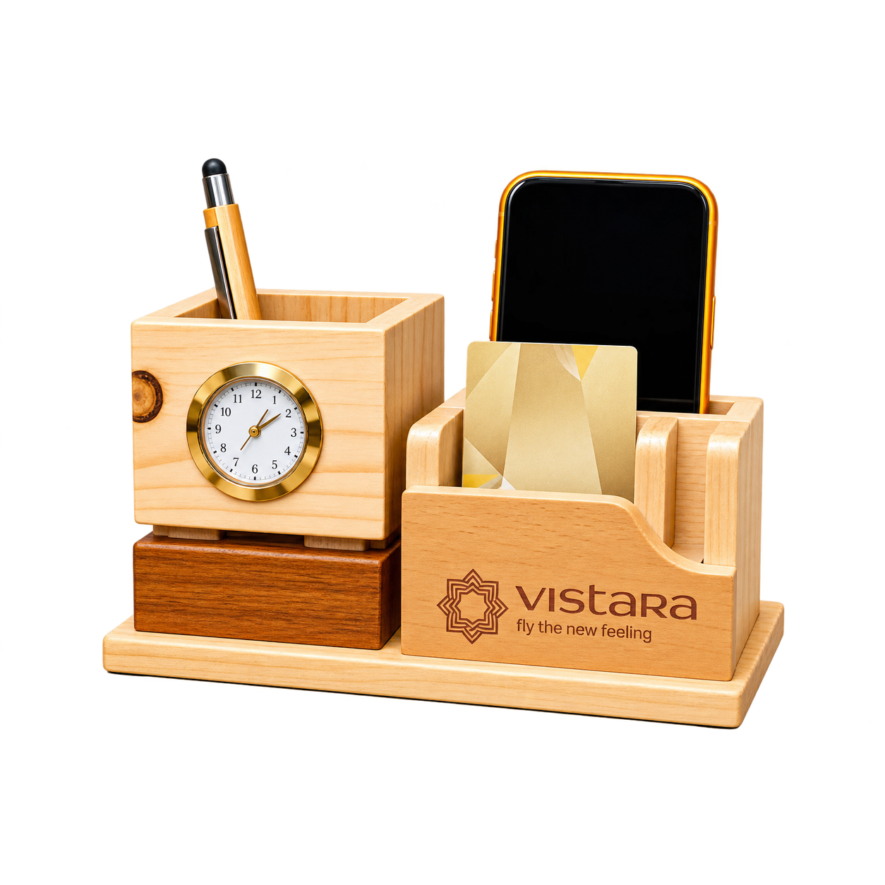 WD04 Wooden Desk Organiser with Clock — WD04