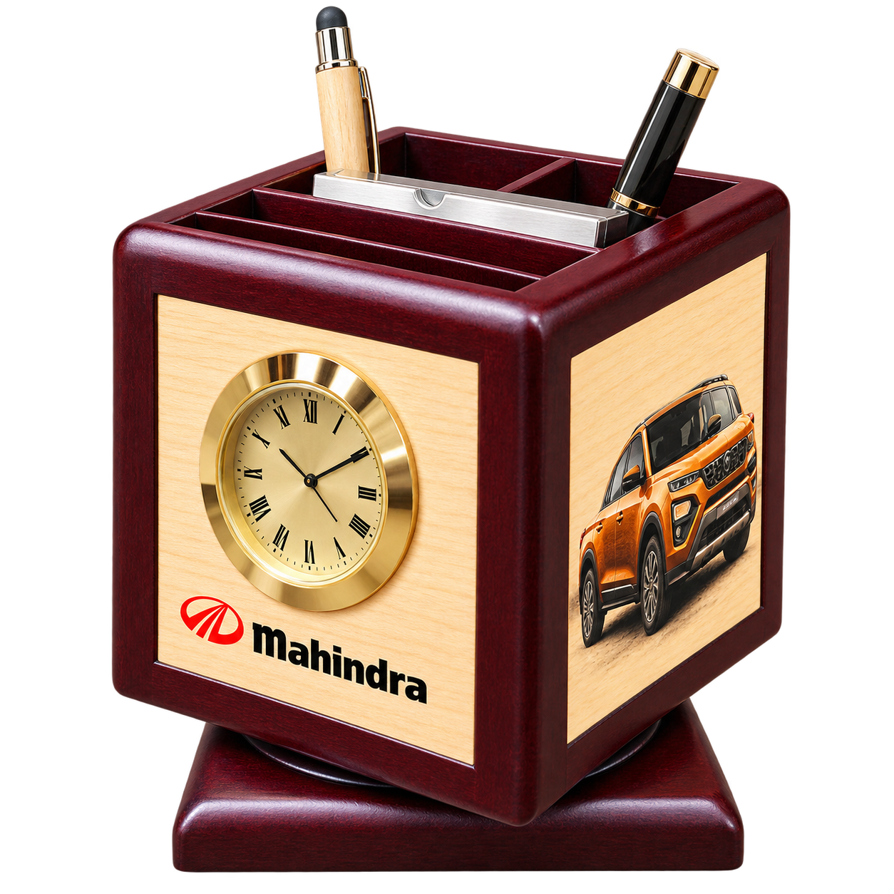 WD06 Revolving Wooden Desk Organiser with Clock — WD06
