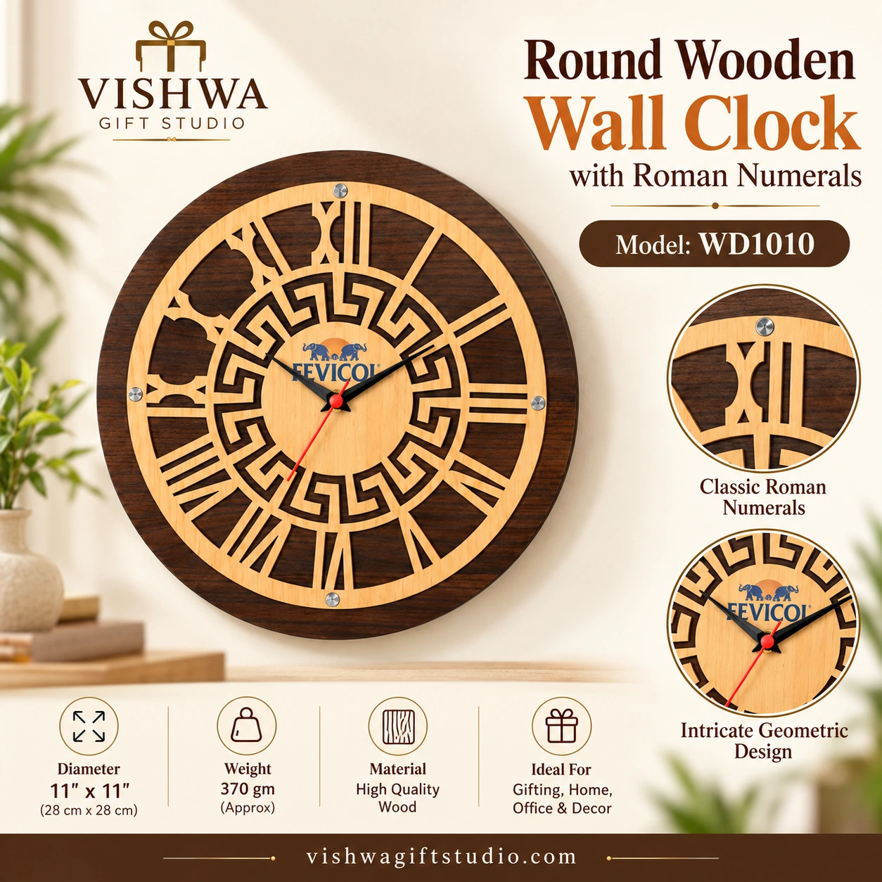 WD1010 Round Wooden Wall Clock with Roman Numerals - Image 2