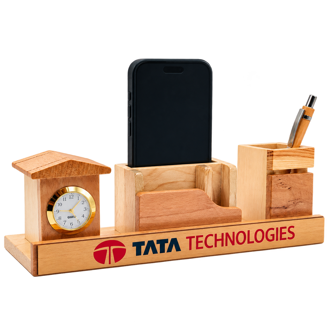 WD103 Wooden Desk Organiser with Clock — WD103