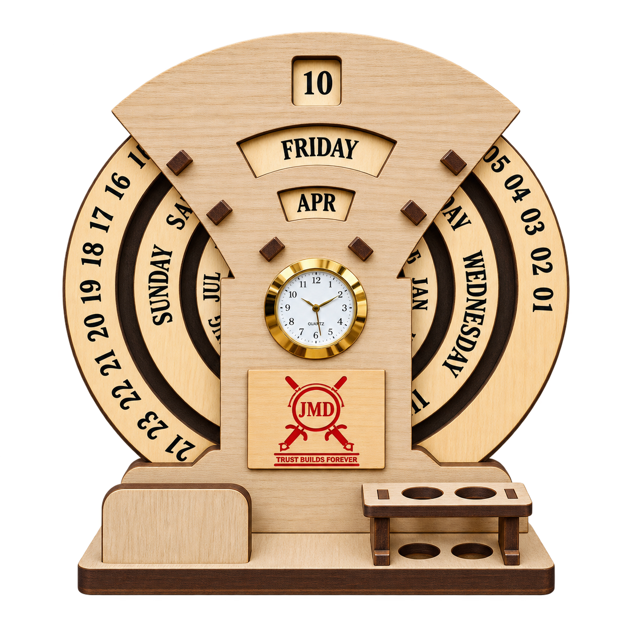 WD114 Wooden Perpetual Desk Calendar with Clock — WD114