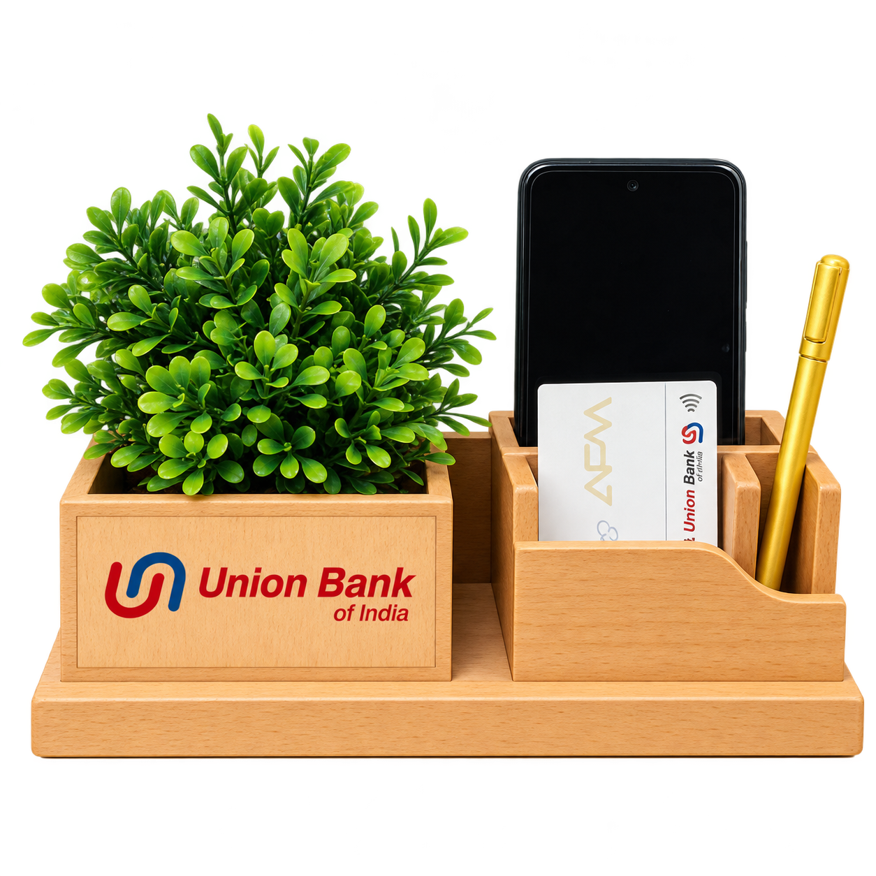 WD119 Natural Wooden Desk Organiser with Planter — WD119