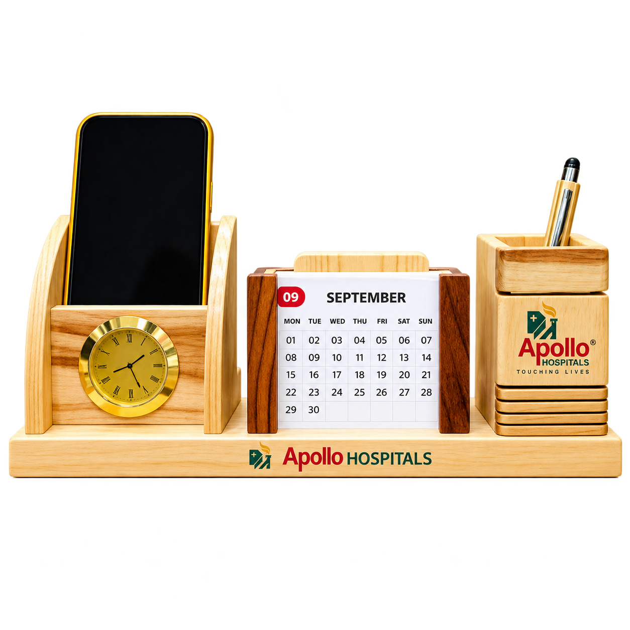 WD27 Wooden Desk Organiser with Clock and Calendar — WD27