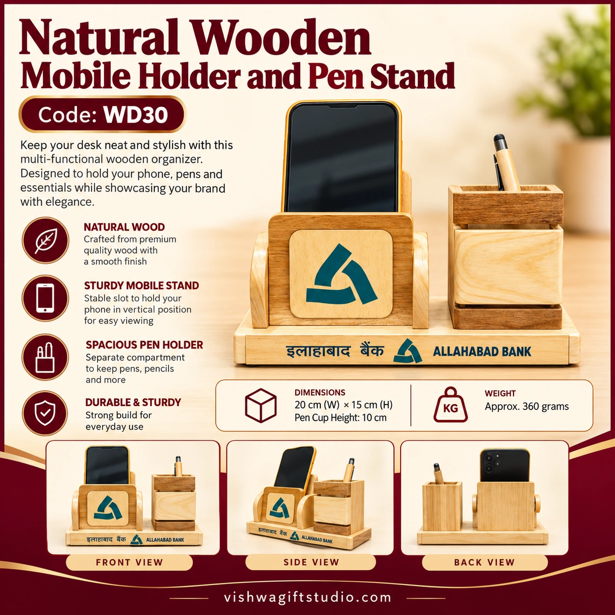 WD30 Natural Wooden Mobile Holder and Pen Stand - Image 2