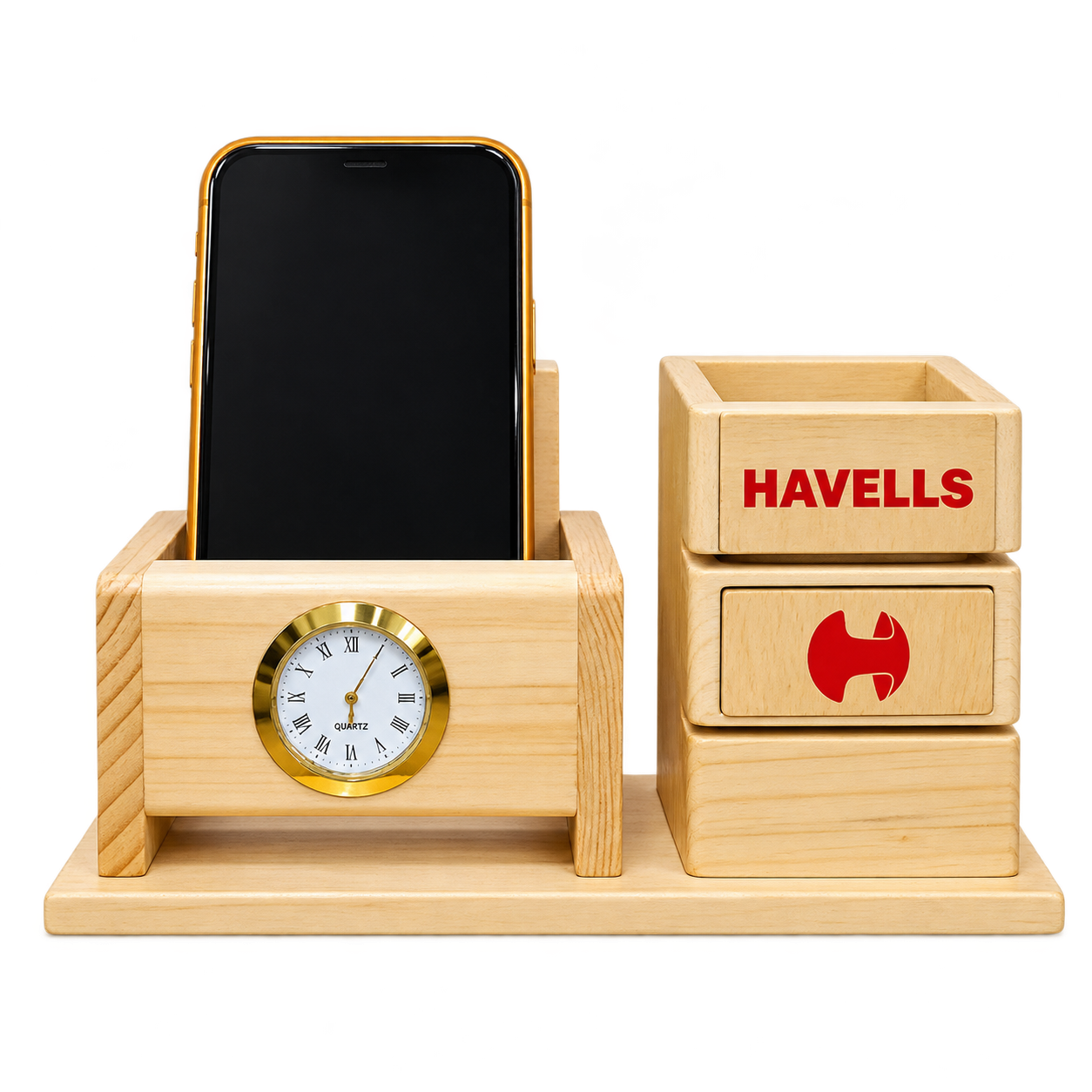 WD34 Natural Wooden Desk Organiser with Clock and Storage — WD34