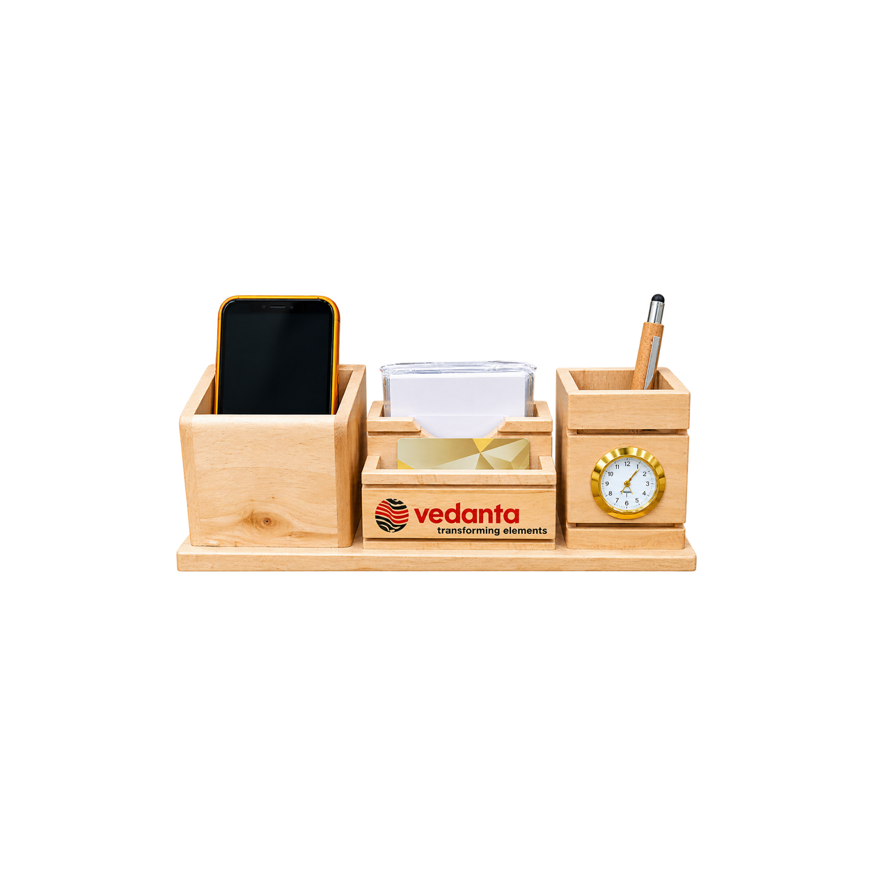 WD42 Natural Wooden Desk Organiser with Clock and Card Holder — WD42
