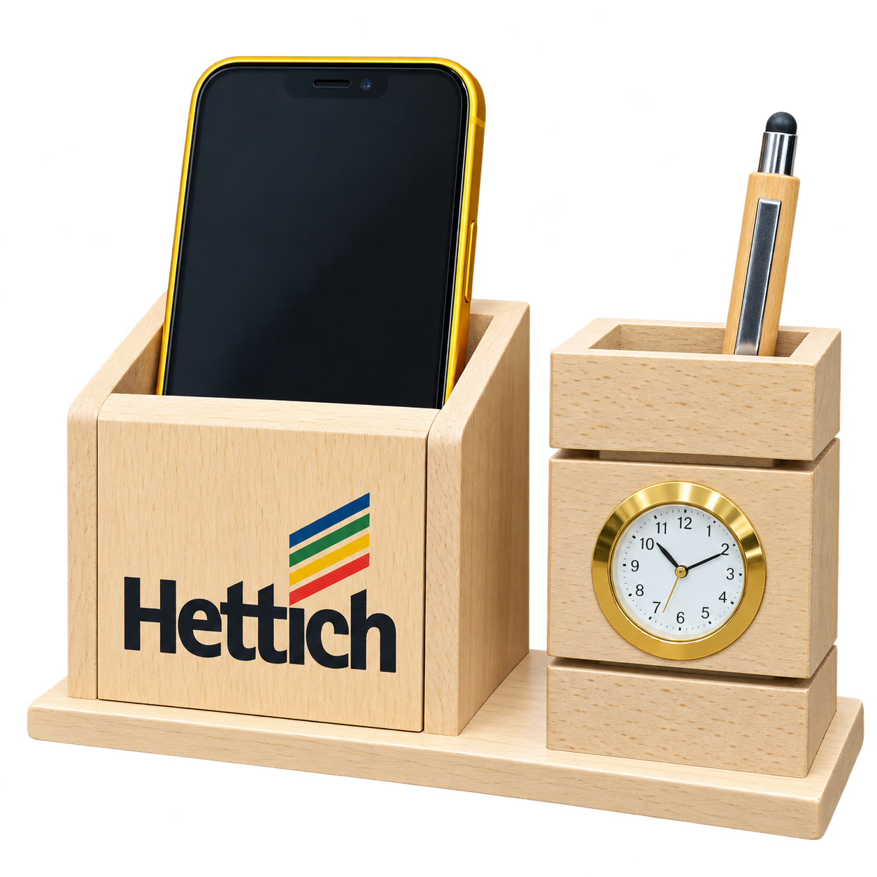 WD43 Natural Wooden Desk Organiser with Clock — WD43