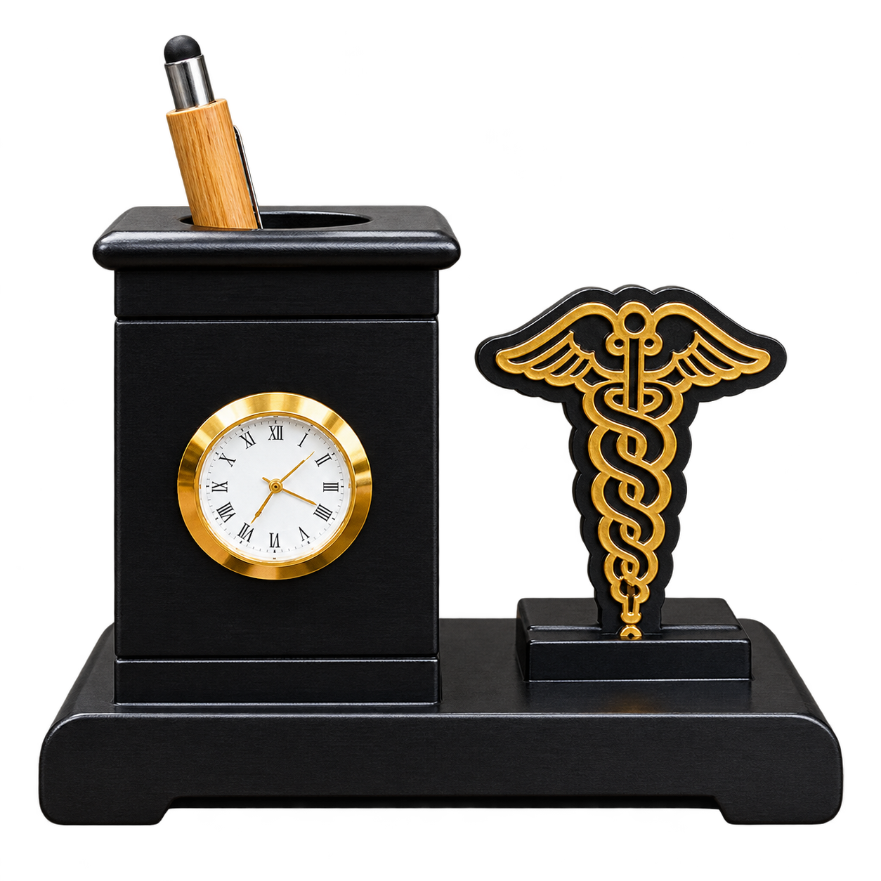 WD44 Wooden Pen Stand with Clock and Medical Emblem — WD44