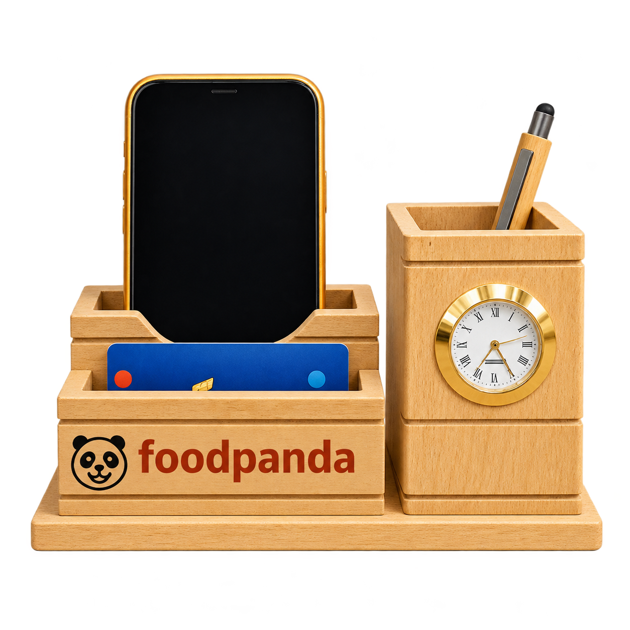WD51 Wooden Desk Organiser with Phone Holder and Clock — WD51