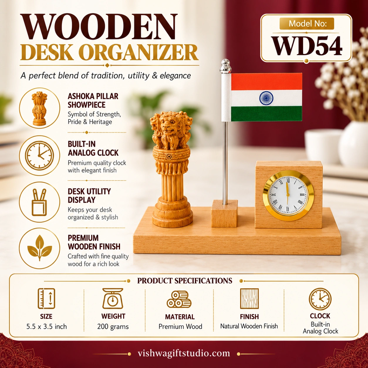 WD54 Wooden Desktop Memento with Ashoka Pillar and Clock - Image 2