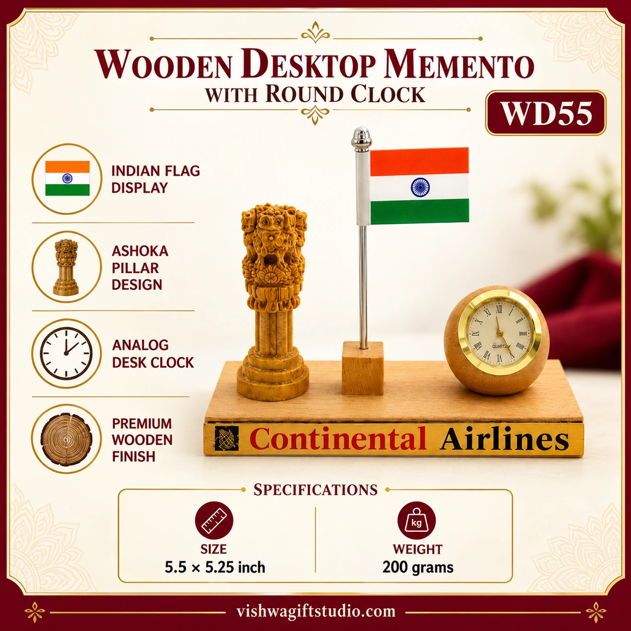 WD54 Wooden Desktop Memento with Ashoka Pillar and Clock - Image 4
