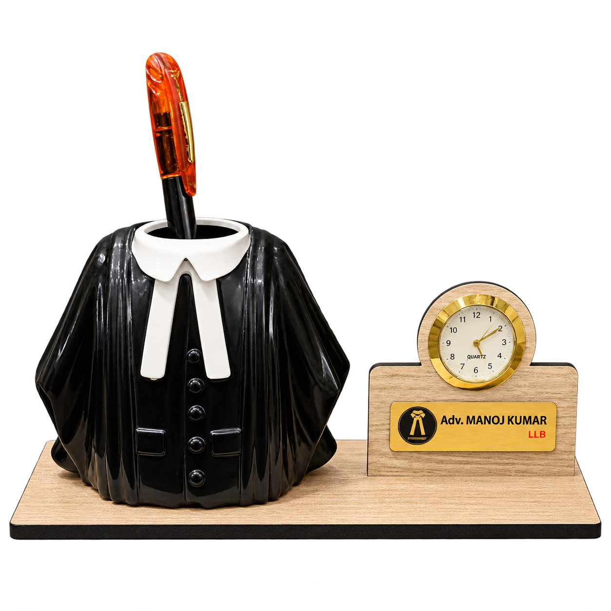 WD62 Lawyer Theme Pen Stand with Clock on Wooden Base — WD62