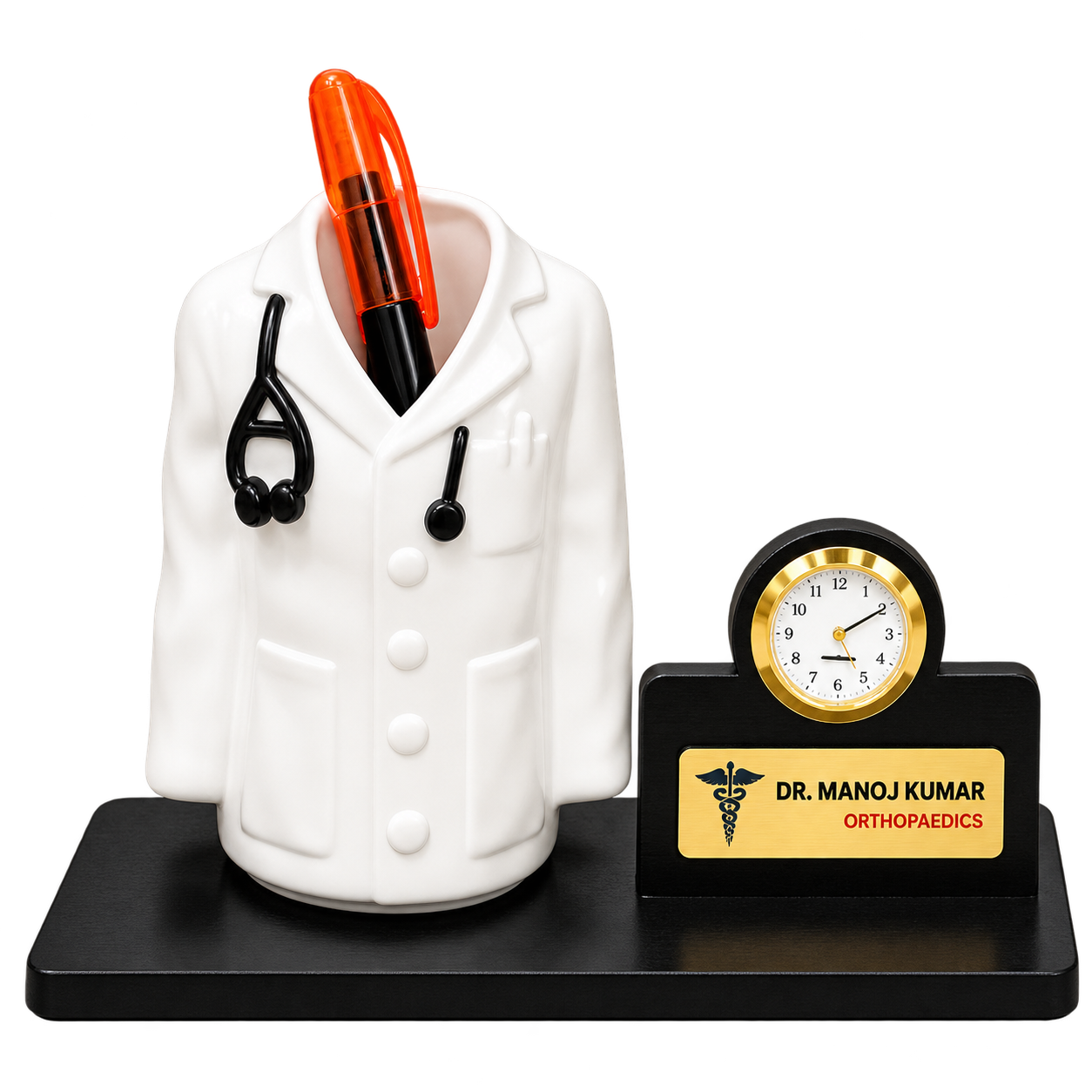 WD63 Doctor Theme Pen Stand with Clock on Wooden Base — WD63