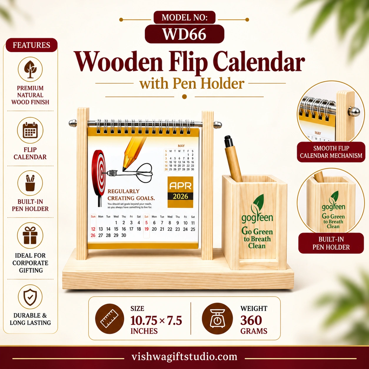 WD66 Wooden Flip Calendar with Pen Holder - Image 2