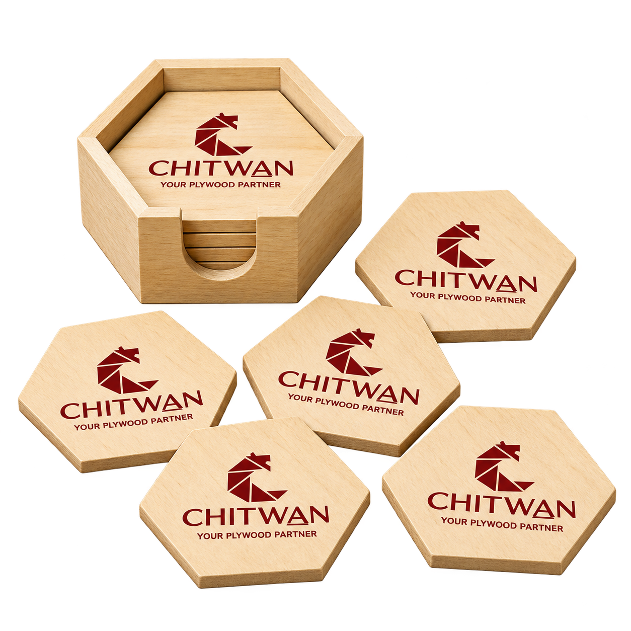 WD77 Hexagonal Wooden Coaster Set with Storage Box — WD77