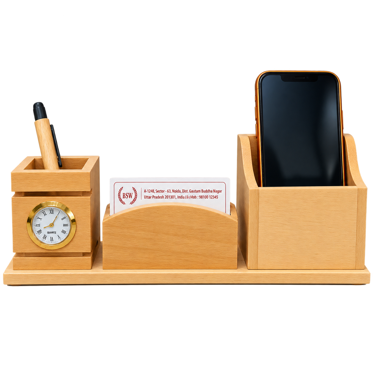 WD82 Wooden Desktop Organiser with Clock — WD82
