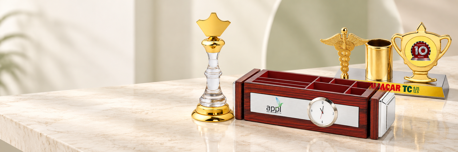 Healthcare corporate gifting showcase with wooden desk organiser, medical memento and crystal paperweight