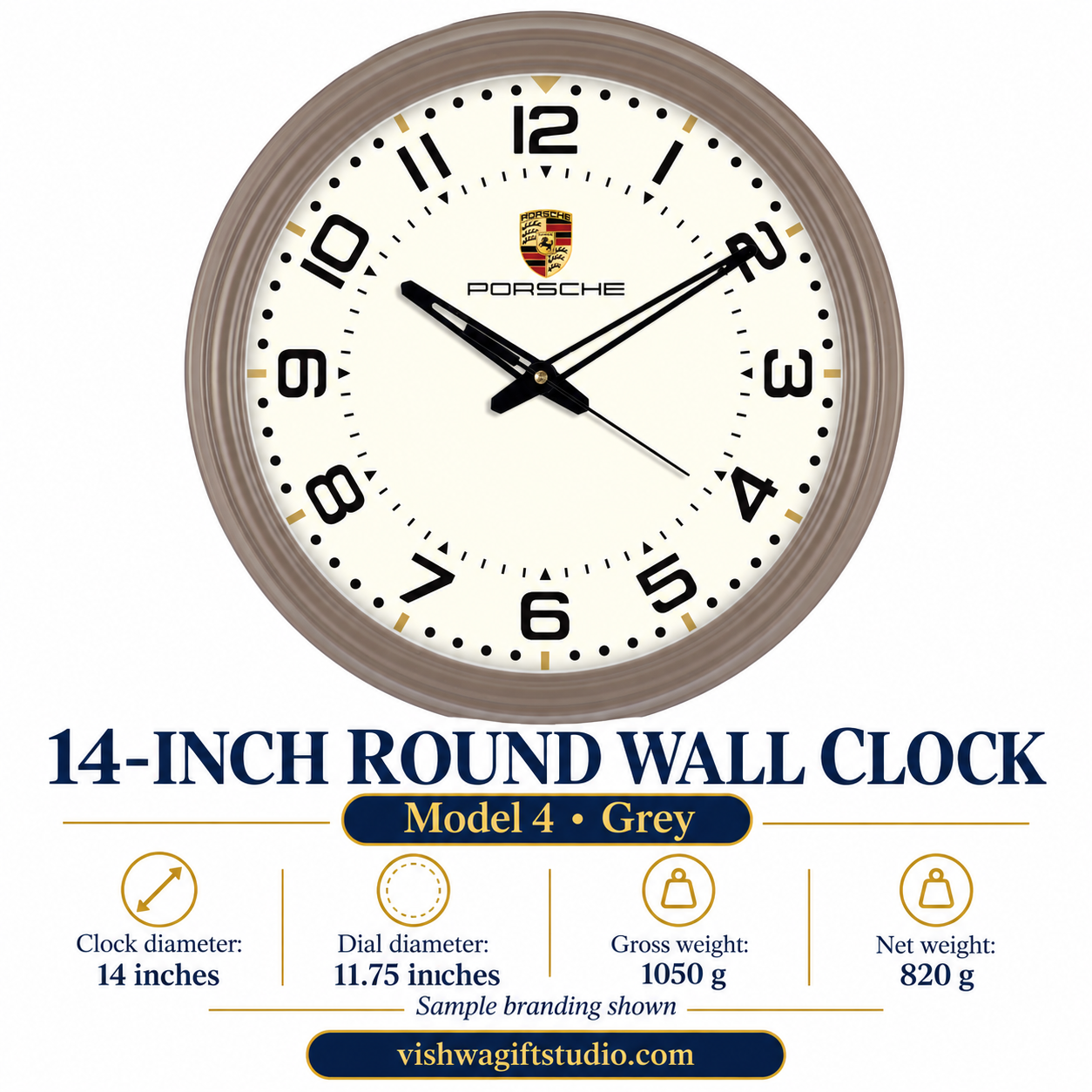 Model4 14 inch grey wall clock with catalogue specifications