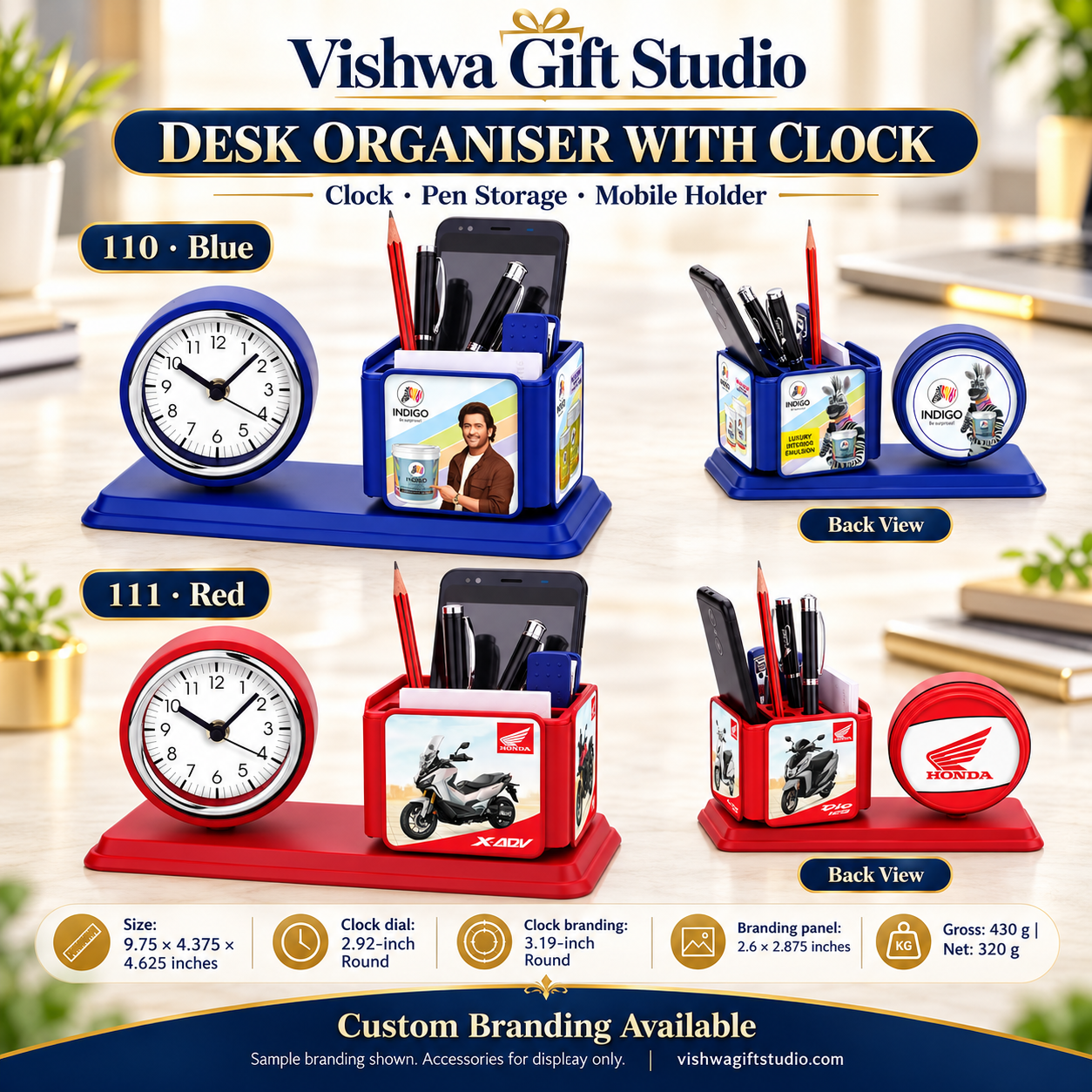 Models 110 and 111 desk organiser promotional information with blue red options and branded back views