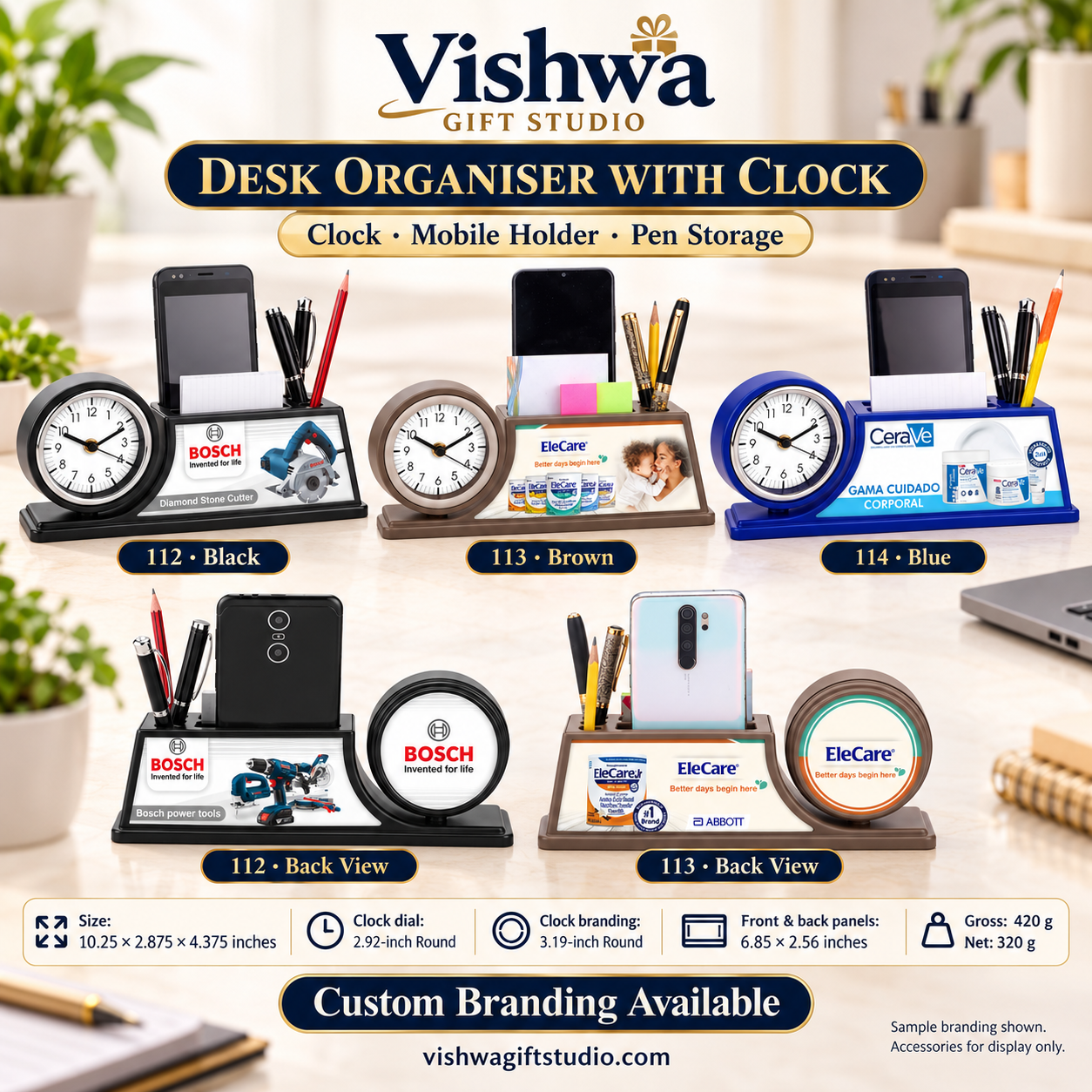 Models 112 113 114 desk organiser promotional image with black brown blue options and branded back views
