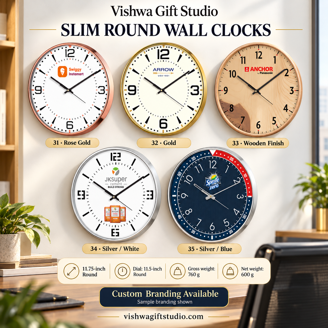 Models 31 to 35 slim round wall clock promotional information with five design options