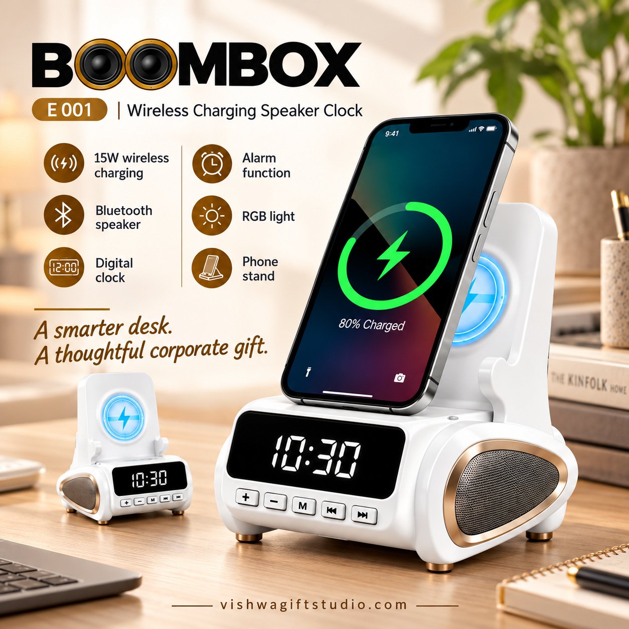 E001 Boombox Wireless Charging Speaker Clock - Image 2