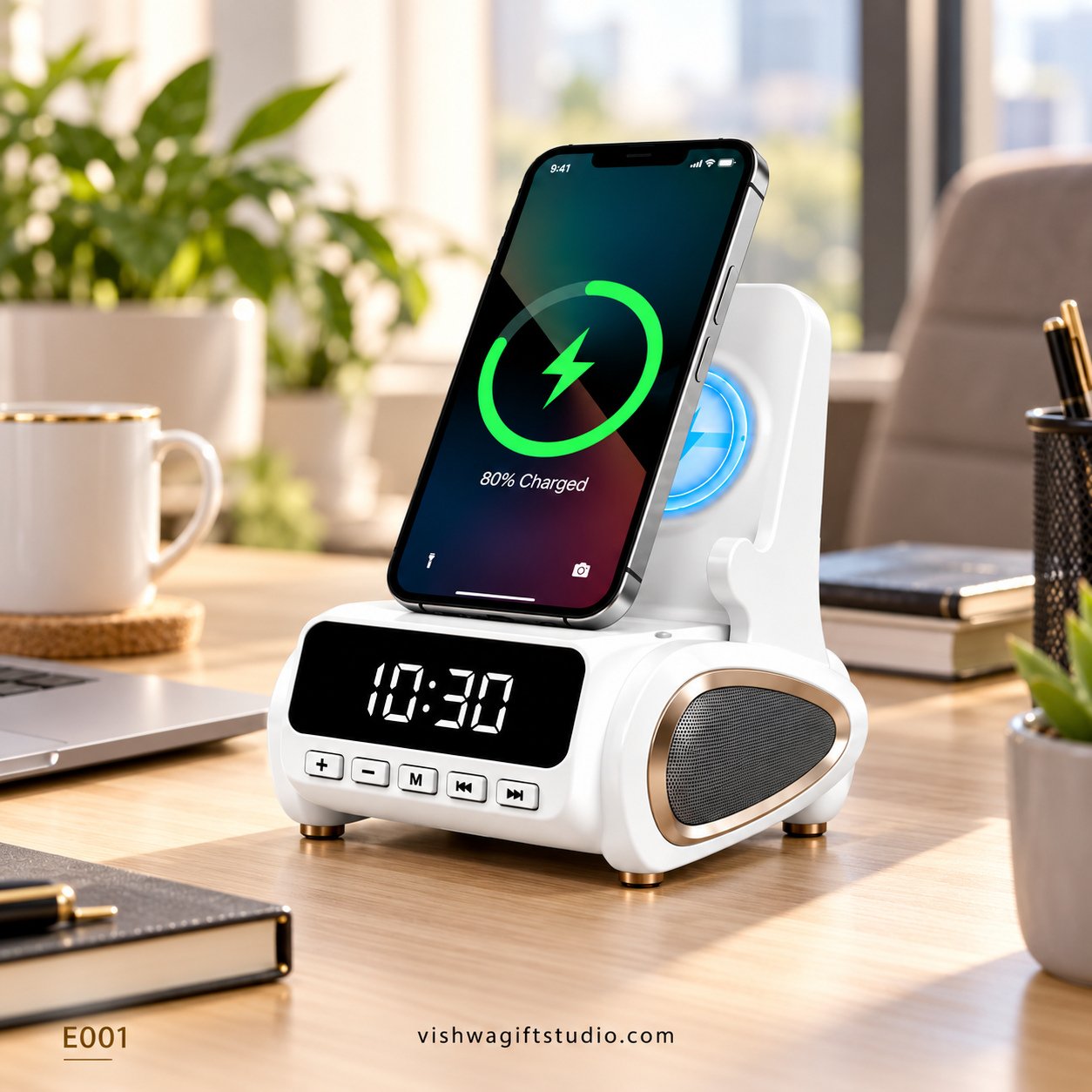 E001 Boombox Wireless Charging Speaker Clock