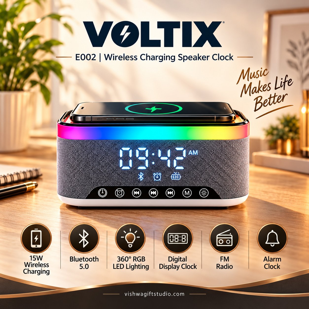 E002 Voltix Wireless Charging Speaker Clock - Image 2