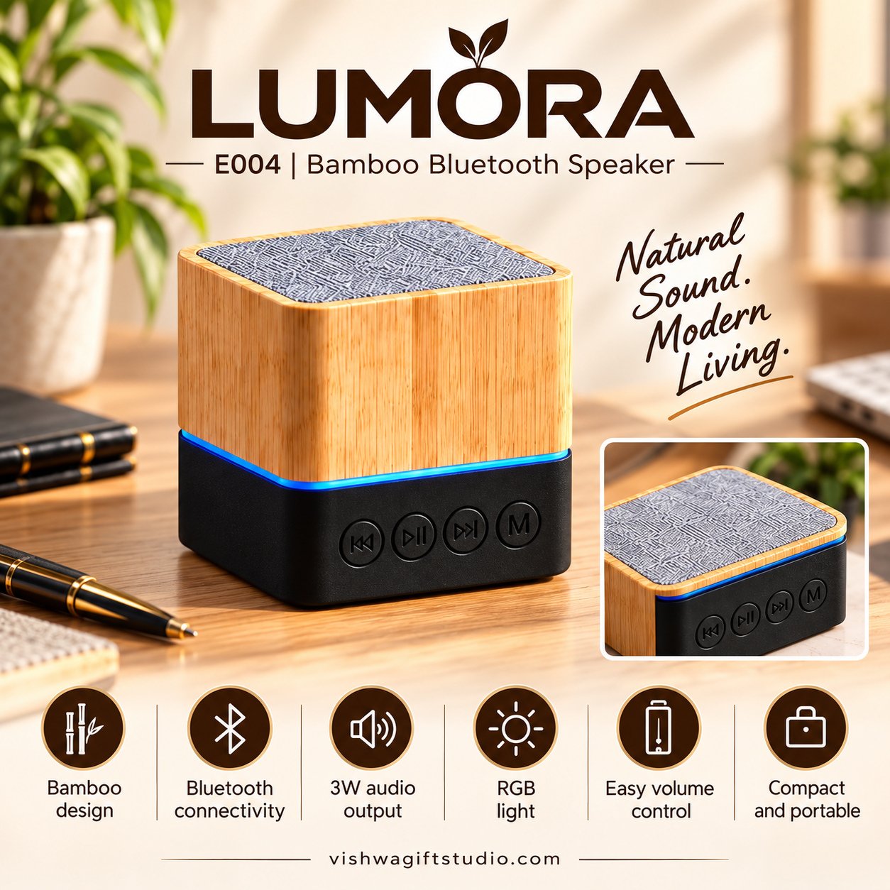 E004 Lumora Bamboo Bluetooth Speaker - Image 2
