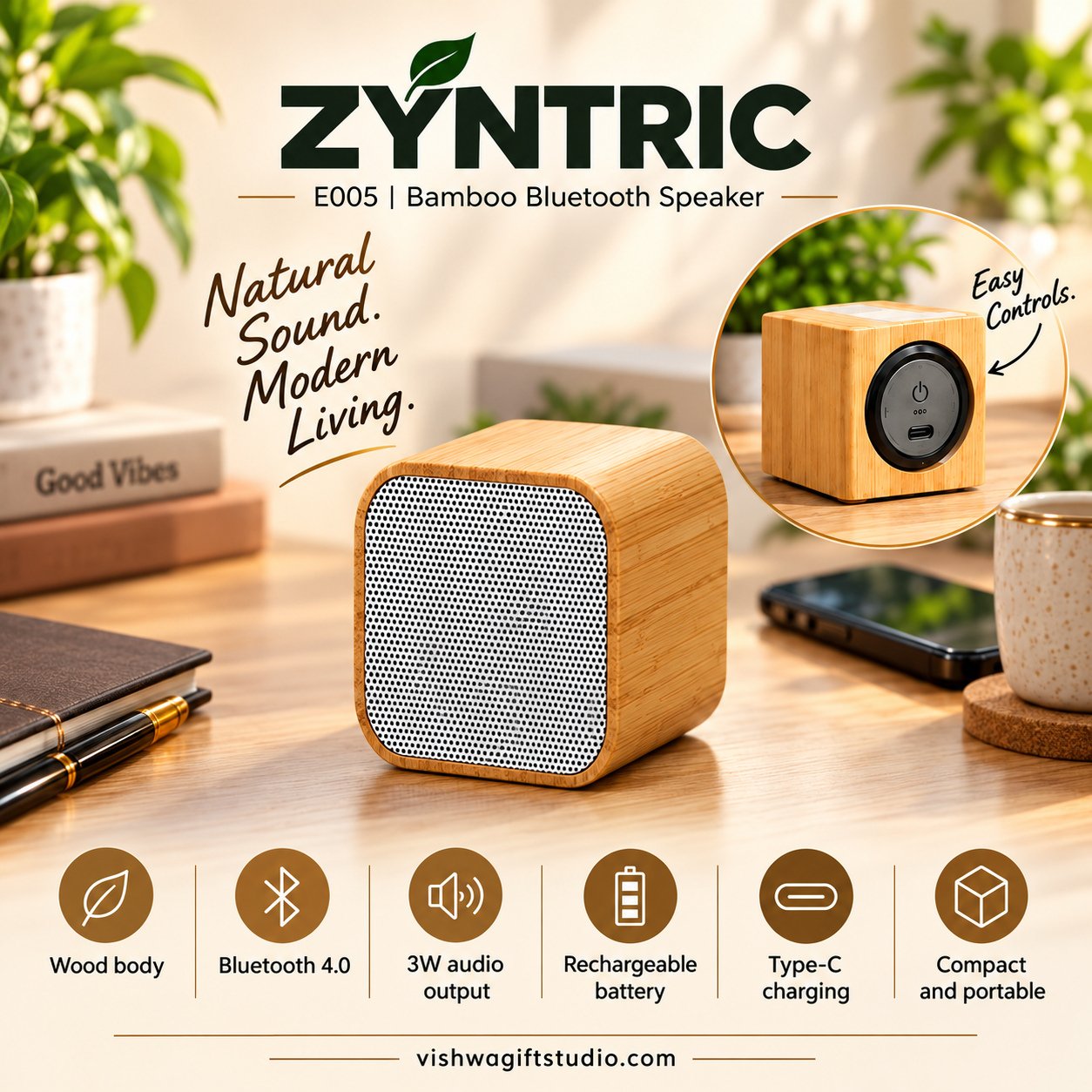 E005 Zyntric Bamboo Bluetooth Speaker - Image 2
