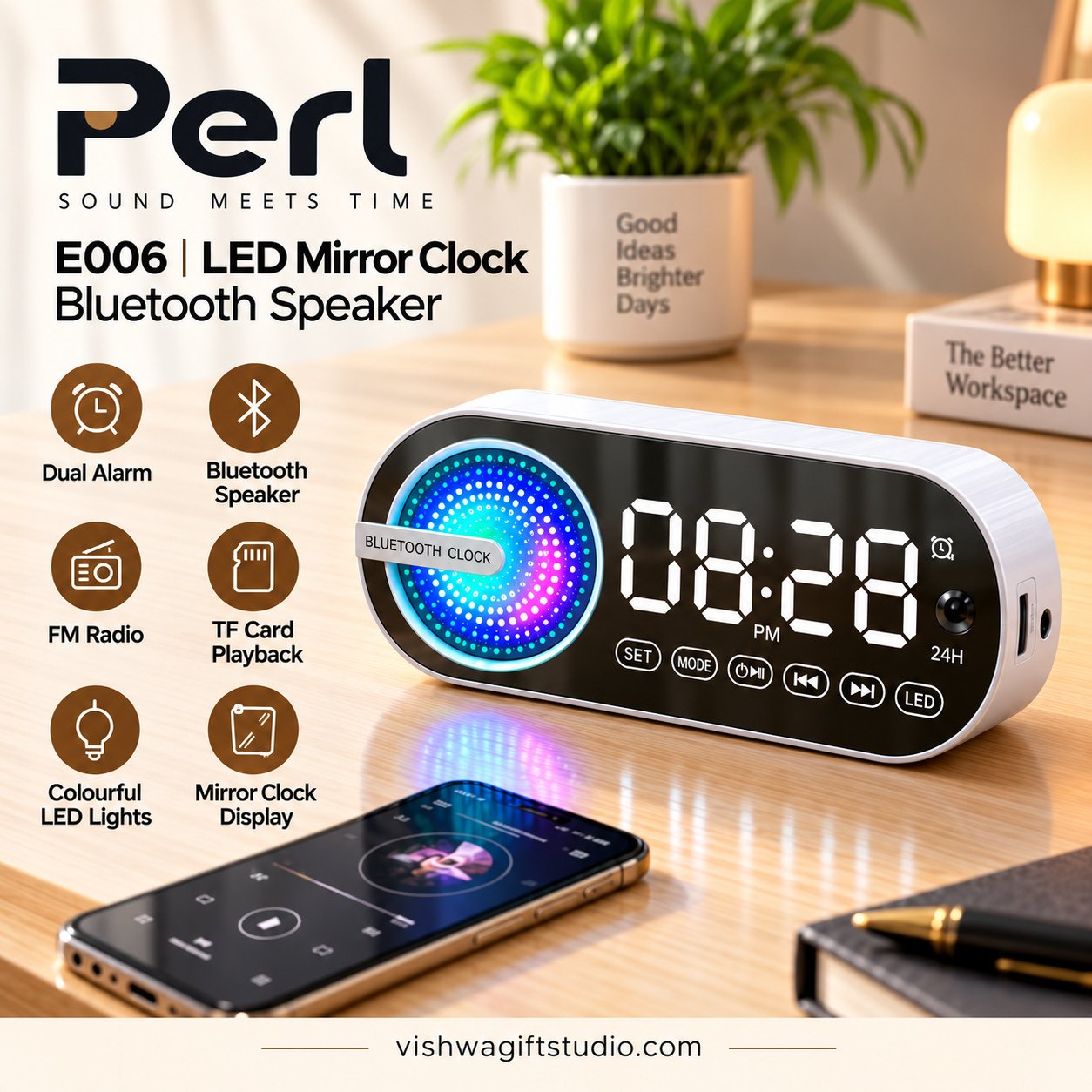 E006 Perl LED Mirror Clock Bluetooth Speaker - Image 2
