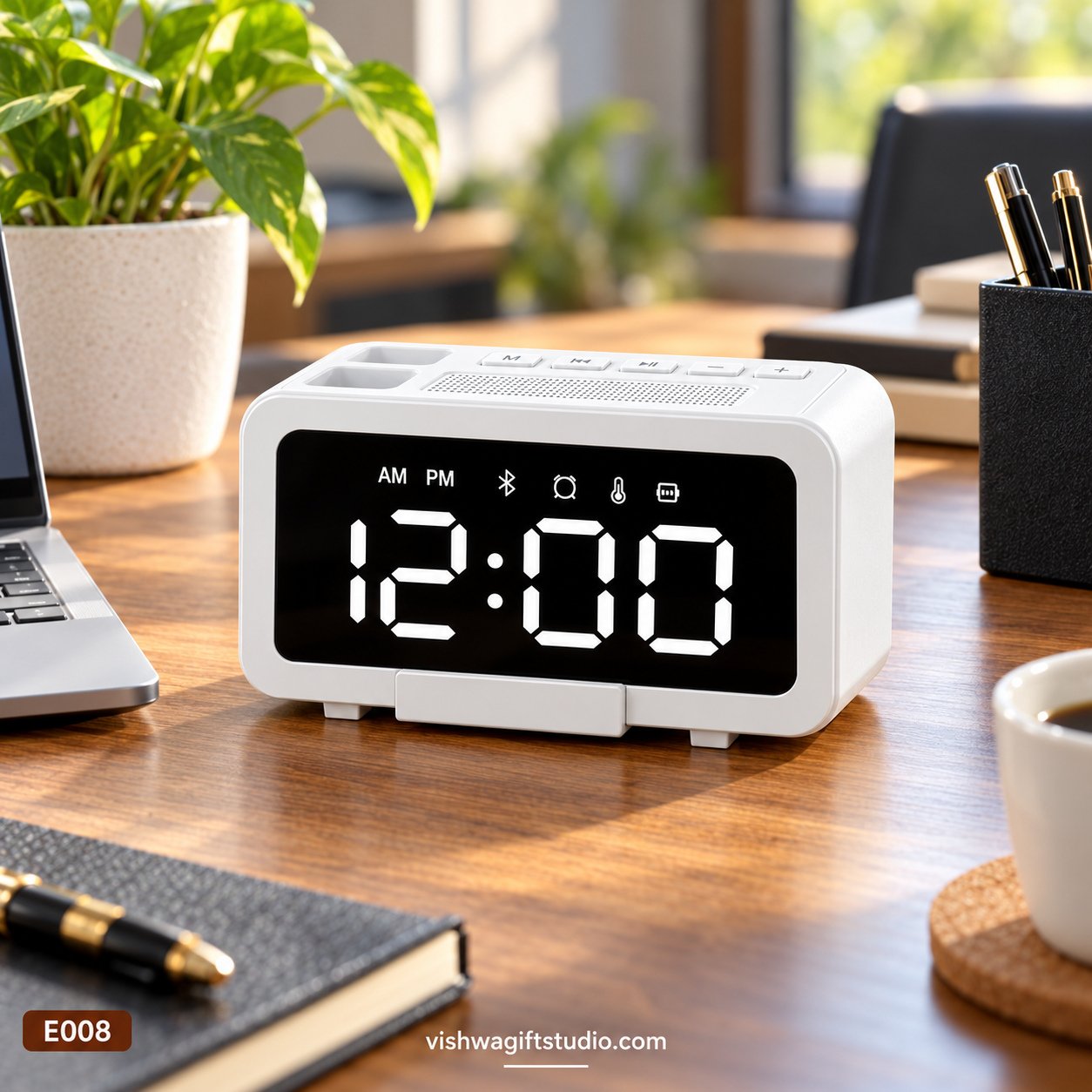 E008 Desk Fusion 4-in-1 Desk Speaker Clock Organizer