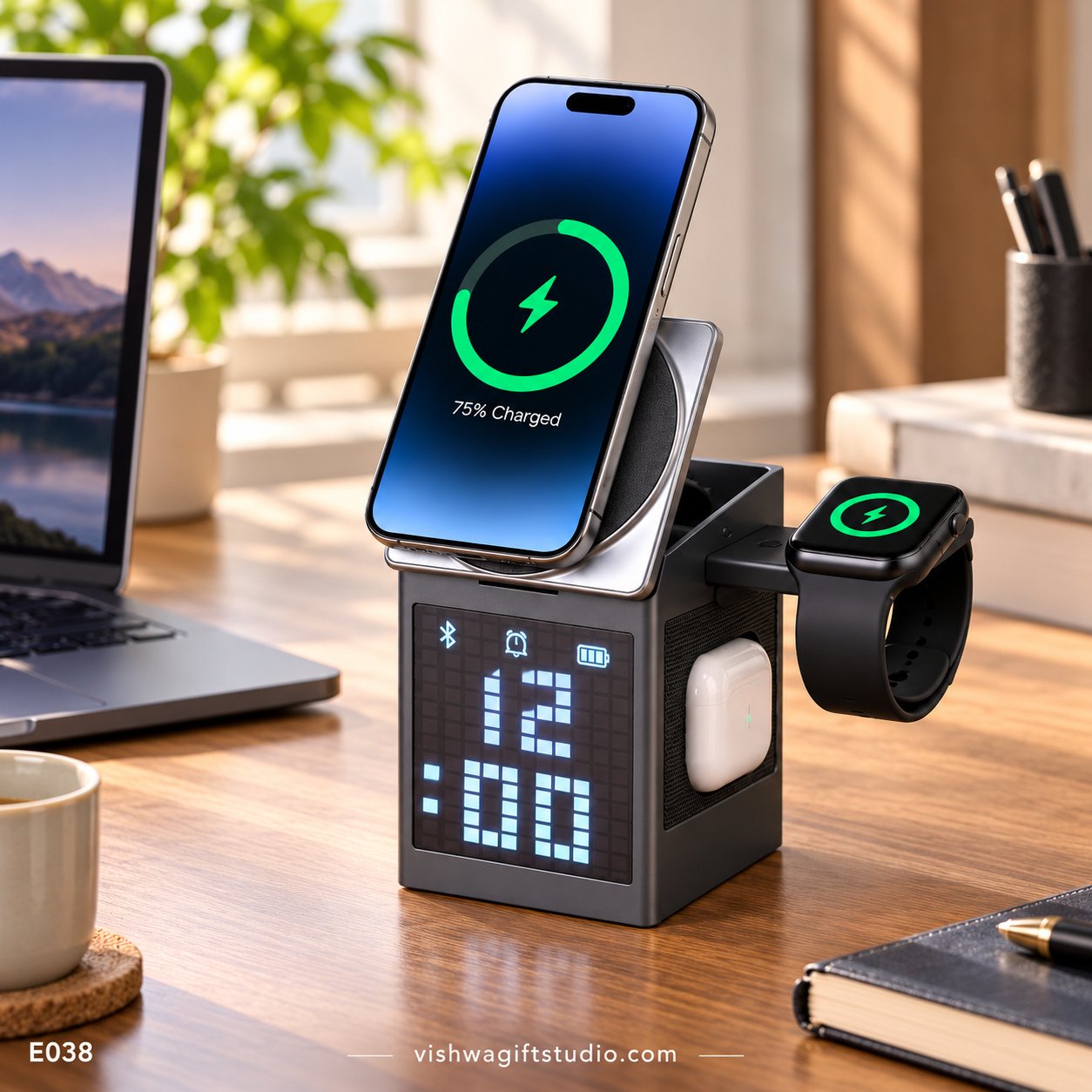 E038 Pixel 5-in-1 Foldable Wireless Charging Speaker Clock