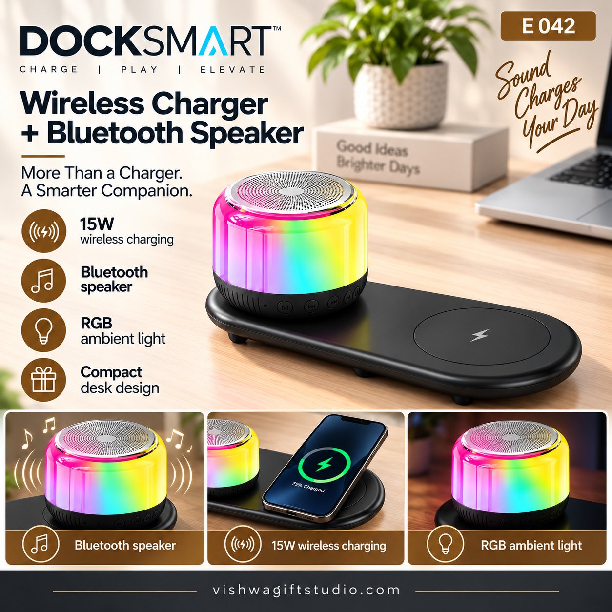 E042 Docksmart Wireless Charger and Bluetooth Speaker - Image 2
