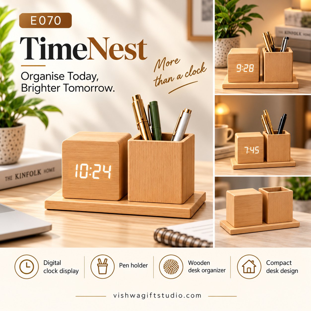 E070 TimeNest Wooden Clock Pen Holder - Image 2